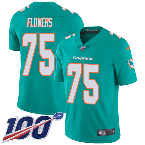 Miami Dolphins #75 Ereck Flowers Aqua Green Team Color Men Stitched NFL 100th Season Vapor Untouchable Limited Jersey